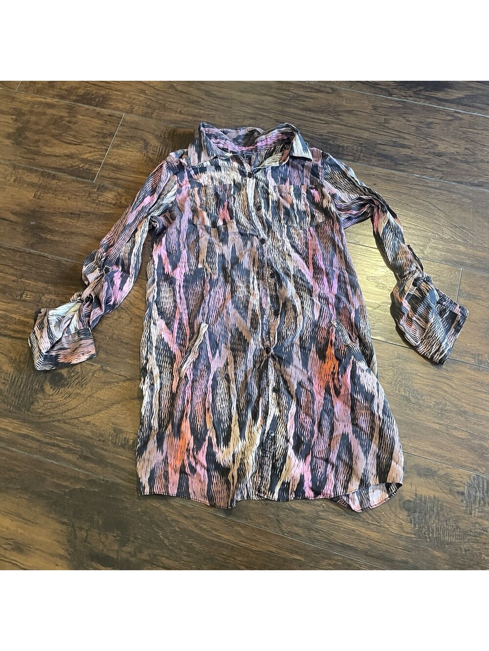 GUESS Y2K Shirt Dress Side ruched Medium Button down Animal print